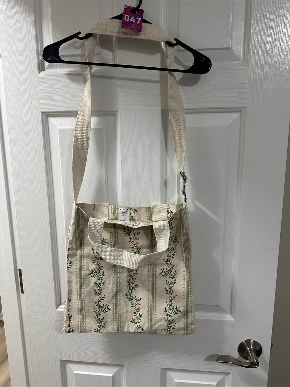 Floral Stripe Cream Canvas Tote with Green Accents